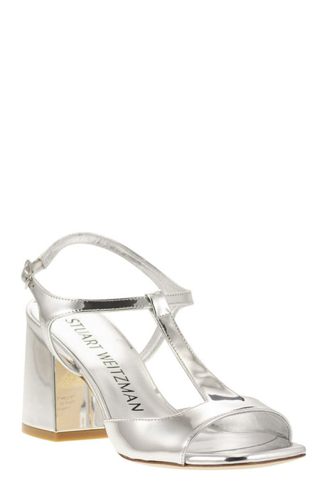 STUART WEITZMAN Gray Mirrored Leather T-Sandal with 85mm Flare Heel and Square Toe