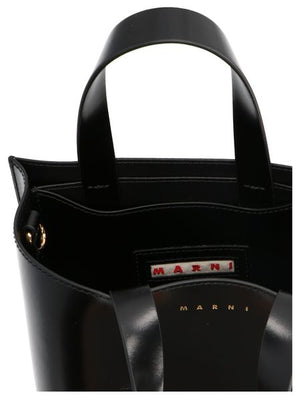 MARNI Mini Museo Black Leather Tote Handbag with Gold-Tone Accents and Removable Pouch