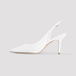 STUART WEITZMAN Emilia White Mesh Slingback Sandals with Leather Heel, 9cm