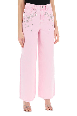 SELF-PORTRAIT High-Waisted Wide Leg Jeans with Crystal Embellishments