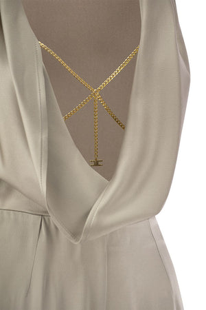 ELISABETTA FRANCHI Pearl Fluid Crepe Jumpsuit with Gold Bra Accessory