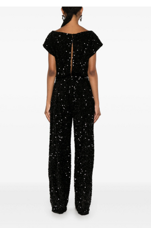 ELISABETTA FRANCHI Sequined Velvet Belted Jumpsuit (Size 34)