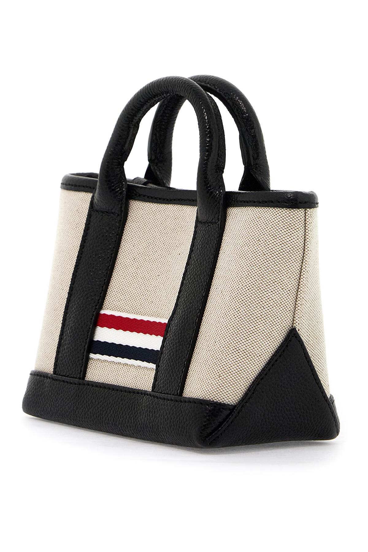 THOM BROWNE Mini Tricolor Ribbon Detailed Canvas & Leather Tote with Adjustable Strap