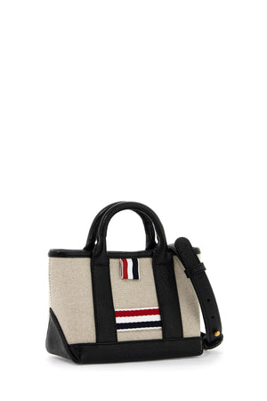 THOM BROWNE Mini Tricolor Ribbon Detailed Canvas & Leather Tote with Adjustable Strap