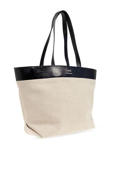 AMI PARIS Natural Beige Linen and Leather Tote Bag for Men - SS24 Collection