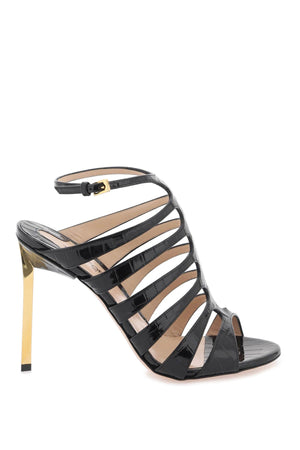 TOM FORD Stylish Crocodile Print Sandals with Golden Metal Stiletto Heel