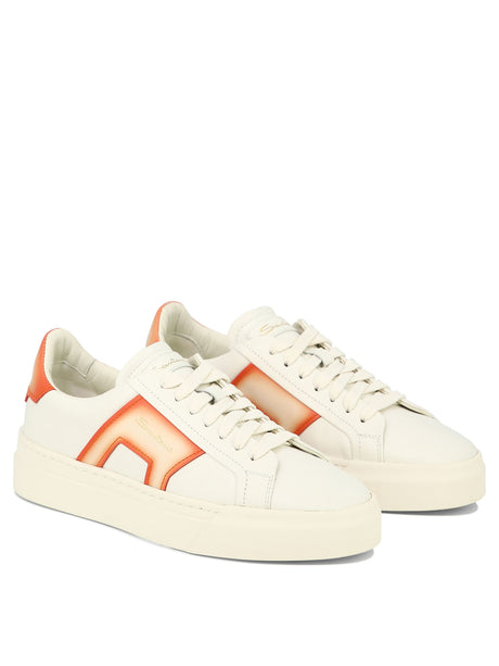 SANTONI Dual Buckle White Leather Sneakers