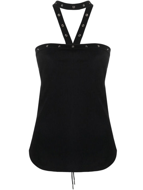 THE ATTICO Black Ribbed Cotton Halter Neck Top with Eyelet Detailing