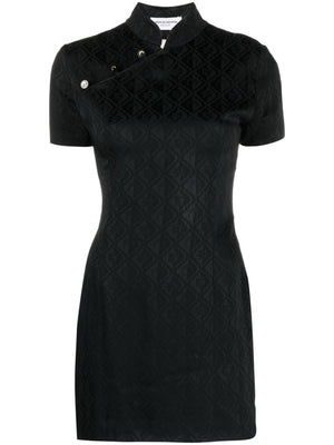 MARINE SERRE Black Jacquard Short Dress with Asymmetric Button Fastening and Contrasting Panel Detail