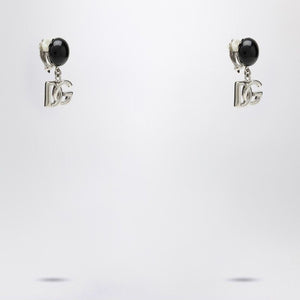 DOLCE & GABBANA Chic Black Earrings with Silver DG Logo Pendant