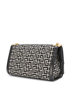 BALMAIN Women's Ivory & Black Monogram Jacquard Shoulder Bag - Medium Size