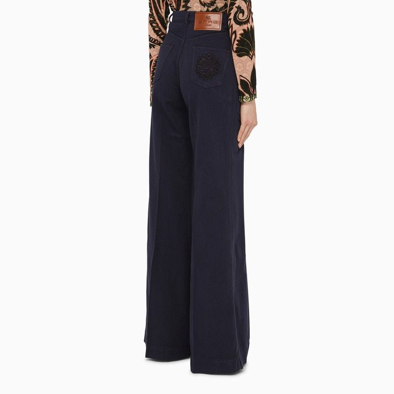 ETRO Navy Blue Cotton Denim Flare Trousers for Women