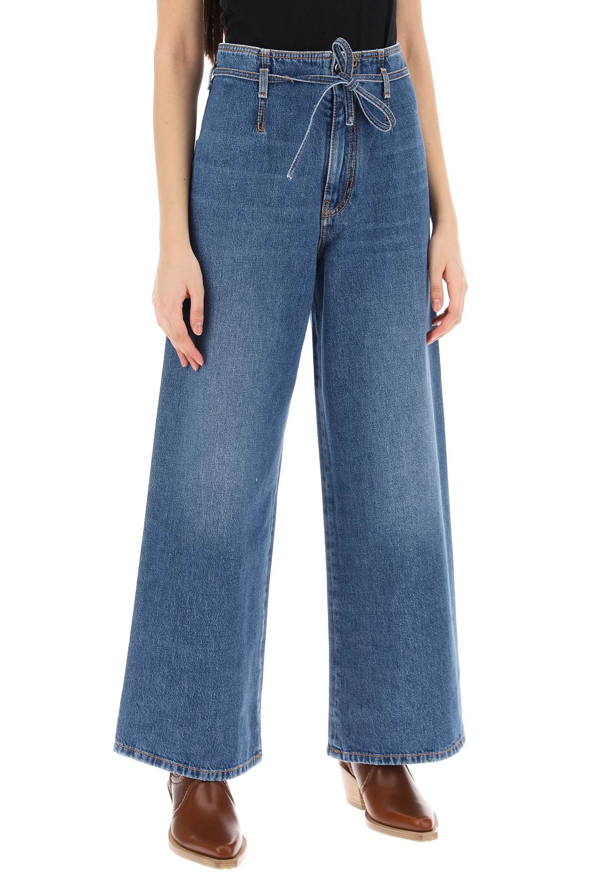 ETRO Navy Wide-Cut High-Waisted Jeans with Tie Belt and Pegasus Floral Embroidery