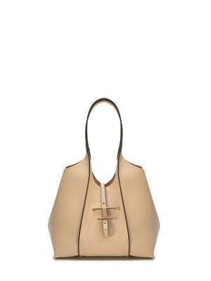 TOD'S Timeless Beige Mini Leather Shopper with Charm and Detachable Pouch, 29.5x25x14cm