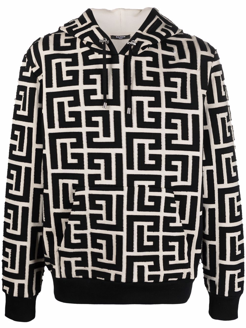 BALMAIN Men's Ivory and Black Monogram Cut Hoodie for SS22