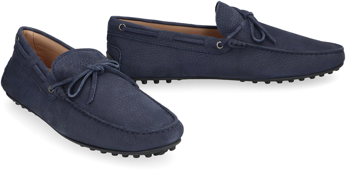 TOD'S Men's Navy Suede Loafers with Rubber Studs and Front Bow - SS24