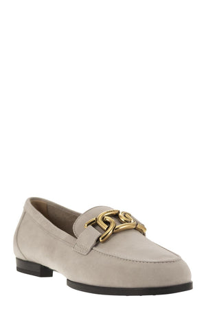 TOD'S Beige Suede Moccasins with Custom Metal Chain Accessory - Women's Shoes