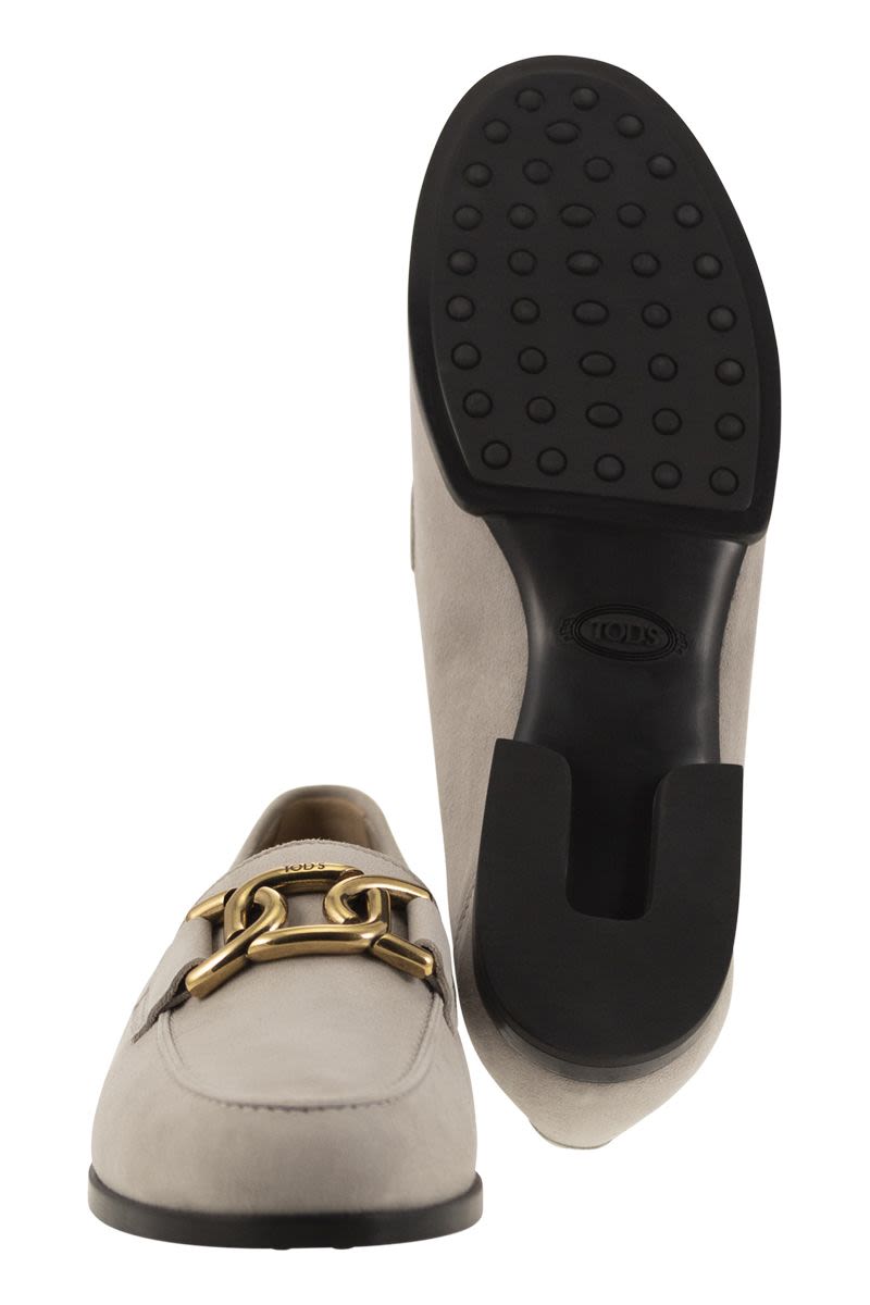 TOD'S Beige Suede Moccasins with Custom Metal Chain Accessory - Women's Shoes