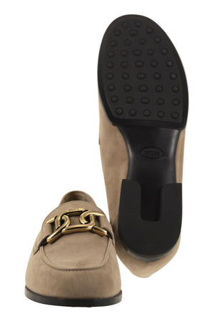 TOD'S Beige Suede Moccasins with Custom Metal Chain Accessory - Women's Shoes