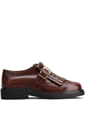 TODS Burgundy Leather Derby Dress Shoes with Fringed Front and Gold-Tone Buckle