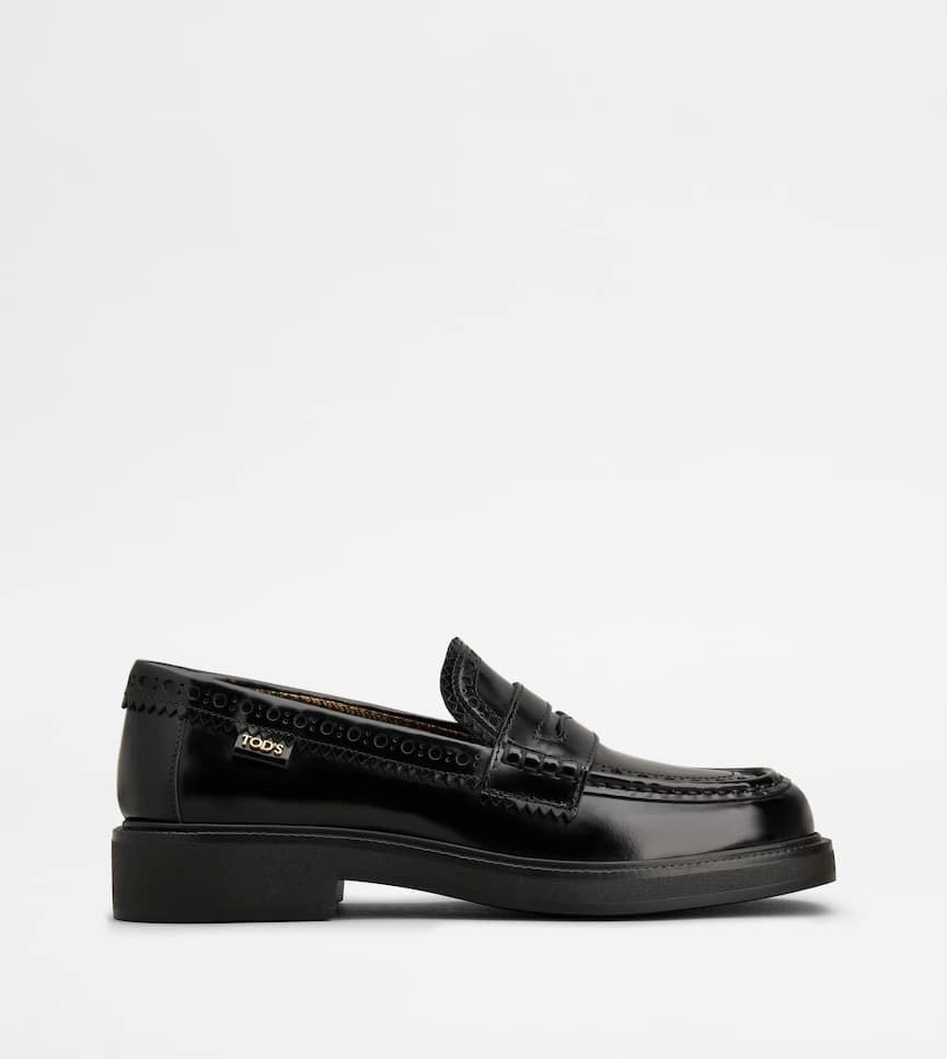 TOD'S Elegant Black Patent Leather Loafers with Brogue Detail