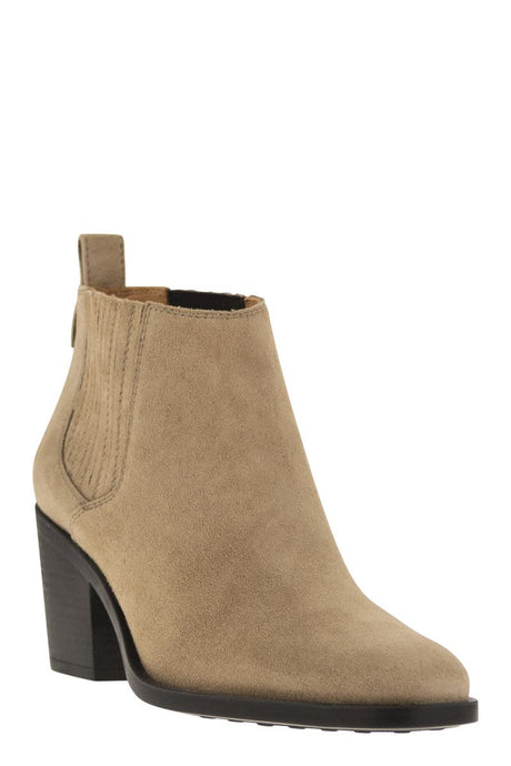 TOD'S Chic Suede Ankle Boot with Elastic Accents and Monogram Detail, Heel 7 cm