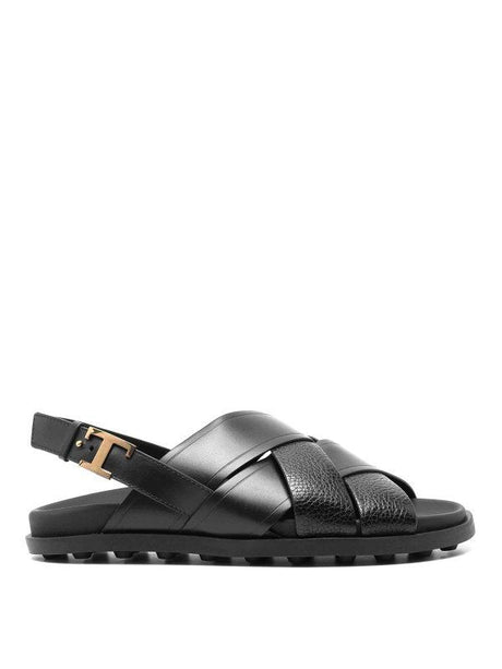 TODS Women's Black Leather Sandals with Crossed Straps and Timeless Buckle