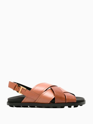 TODS Brown Leather Sandals with Crossed Straps and Timeless Buckle