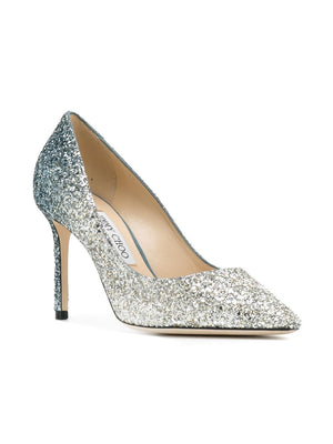 JIMMY CHOO ROMY 85 GLITTERED LEATHER PUMPS